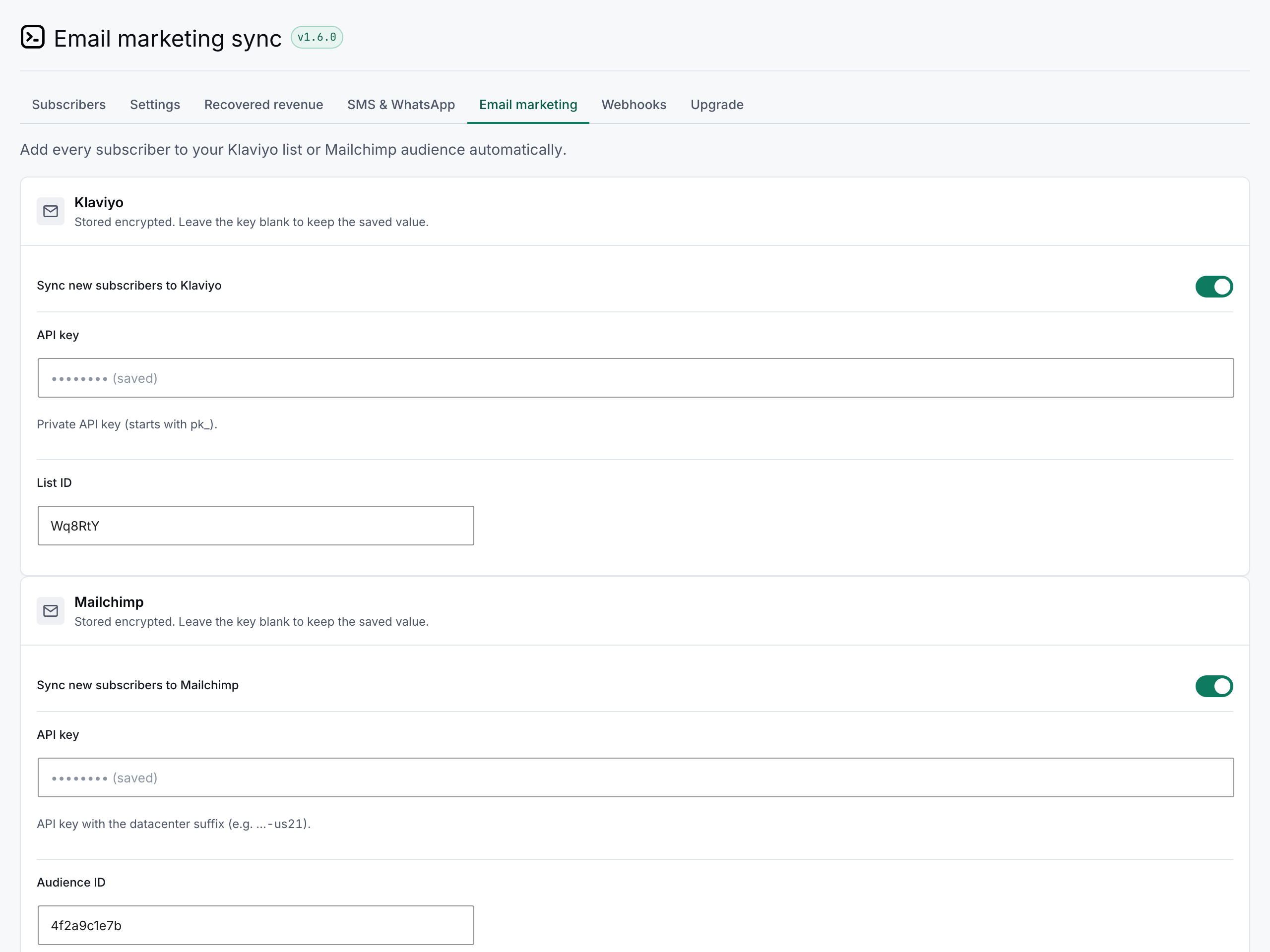 The Email marketing settings in wp-admin: Klaviyo and Mailchimp each enabled, with an encrypted API key and a list or audience ID