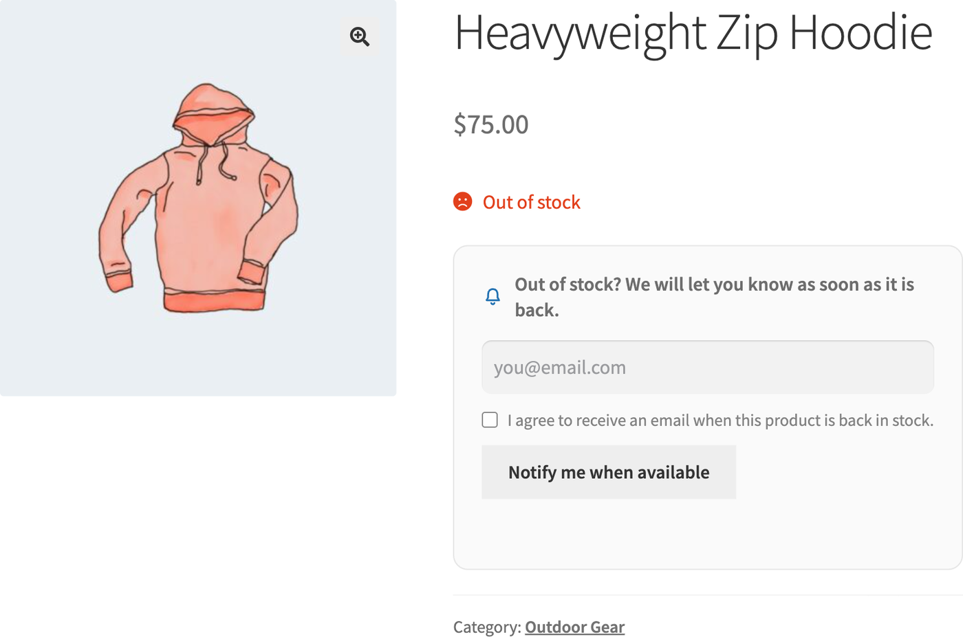An out-of-stock product page with the notify-me form: product photo, price, email field, consent checkbox and a Notify me when available button