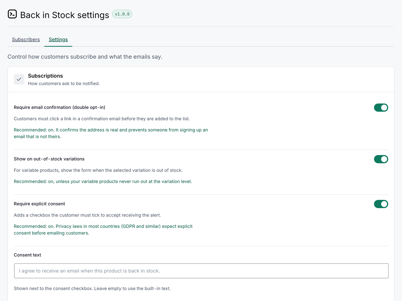 The settings screen: double opt-in, out-of-stock variations and explicit consent toggles, each with an inline recommendation
