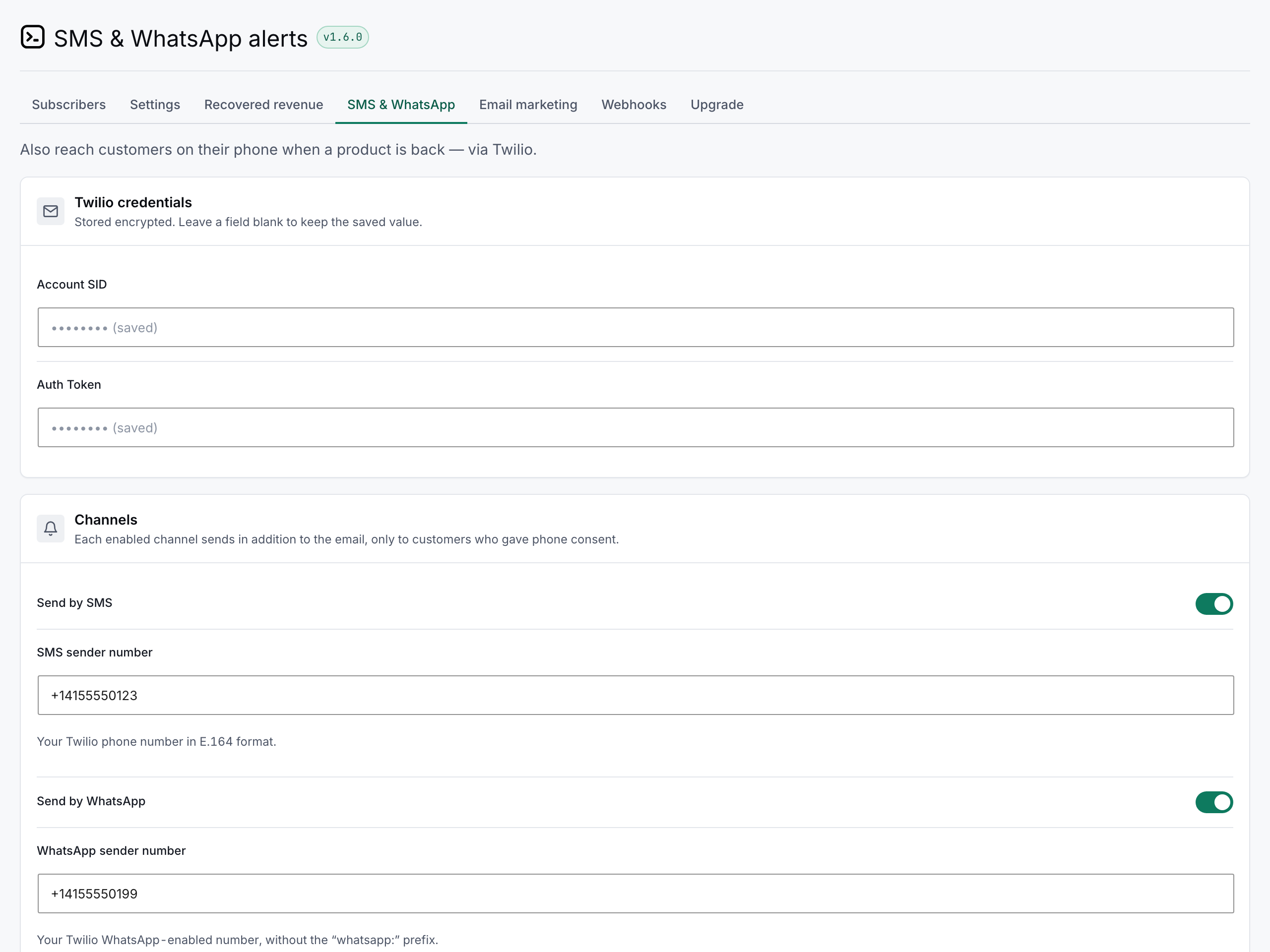 The SMS and WhatsApp settings in wp-admin: encrypted Twilio credentials, with the SMS and WhatsApp channels both enabled and their sender numbers