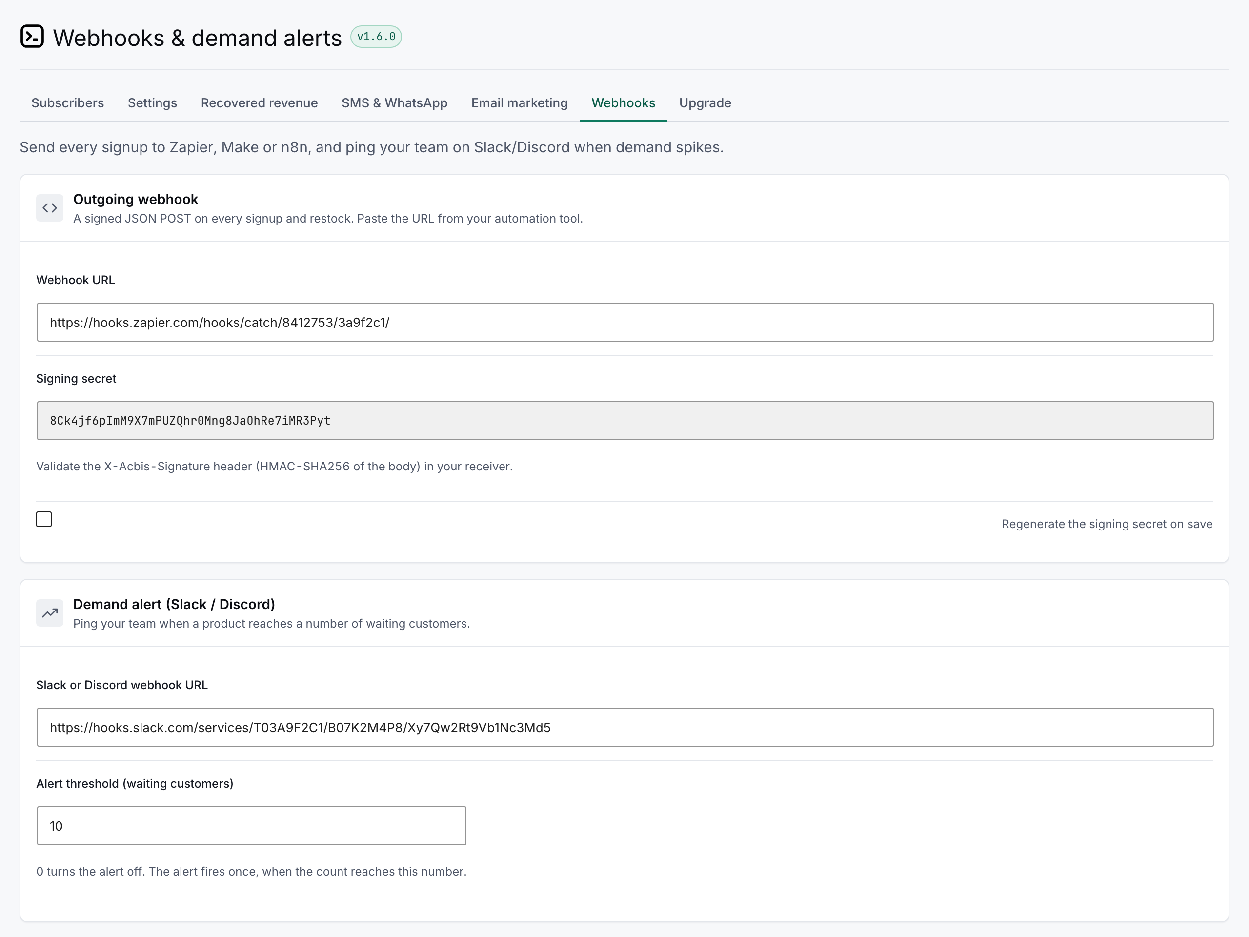The Webhooks settings in wp-admin: an outgoing webhook URL with its HMAC signing secret, plus a Slack or Discord demand-alert URL with a waiting-customers threshold